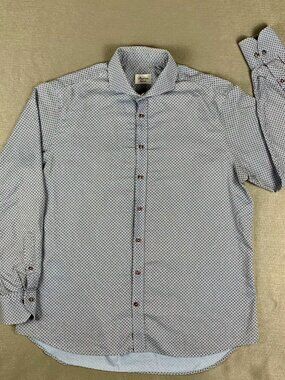 Stenstroms Fitted Body Dress Shirt Men 17.5 44 Blue Brown Geometric Pattern